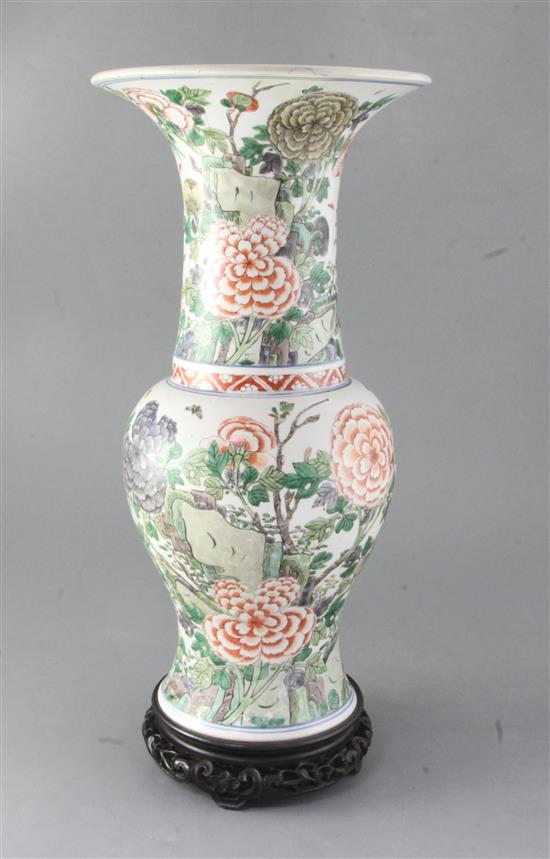 A Chinese famille verte baluster vase, Kangxi period 45cm high, wood stand, some faults